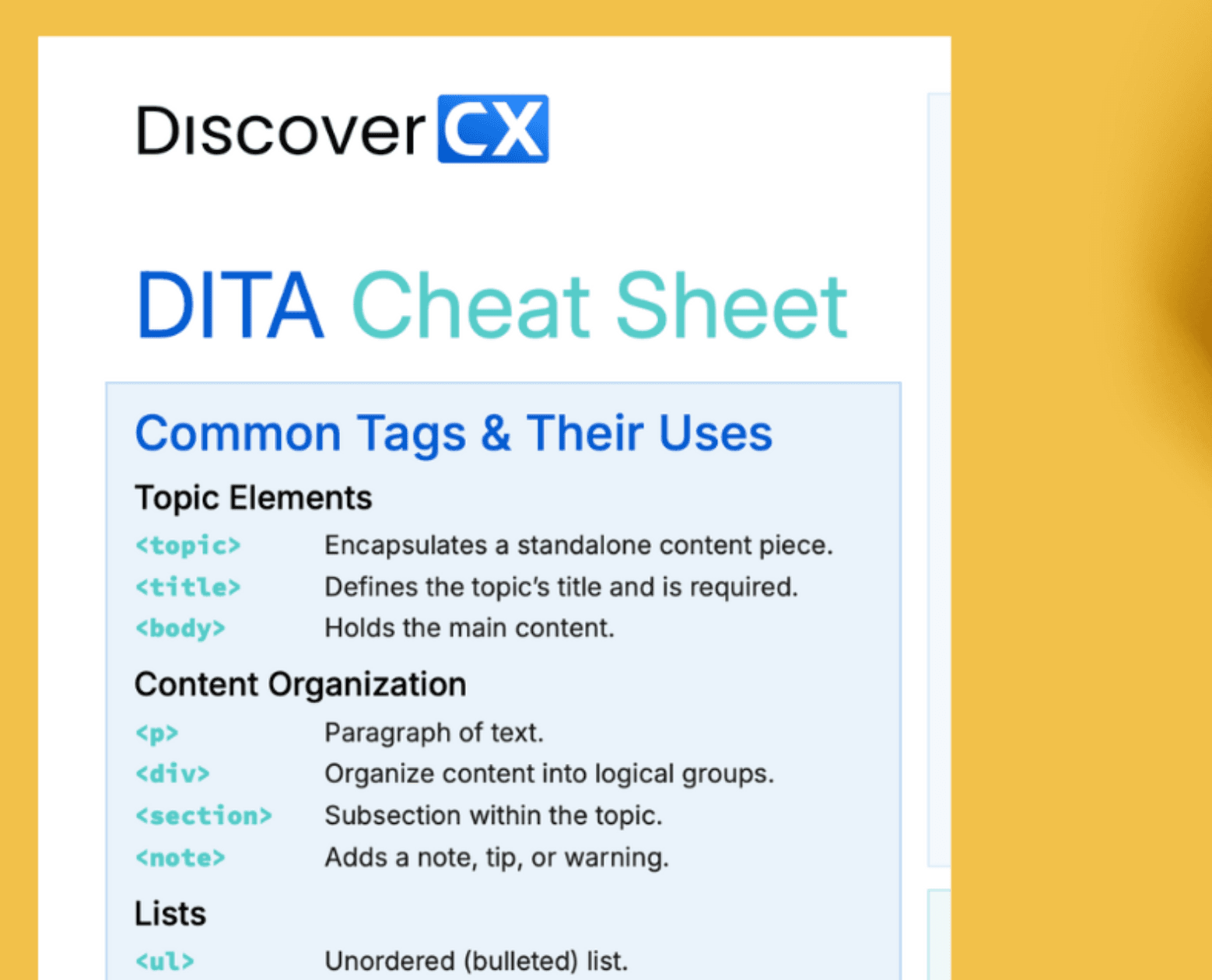 The DiscoverCX DITA Cheatsheet cover