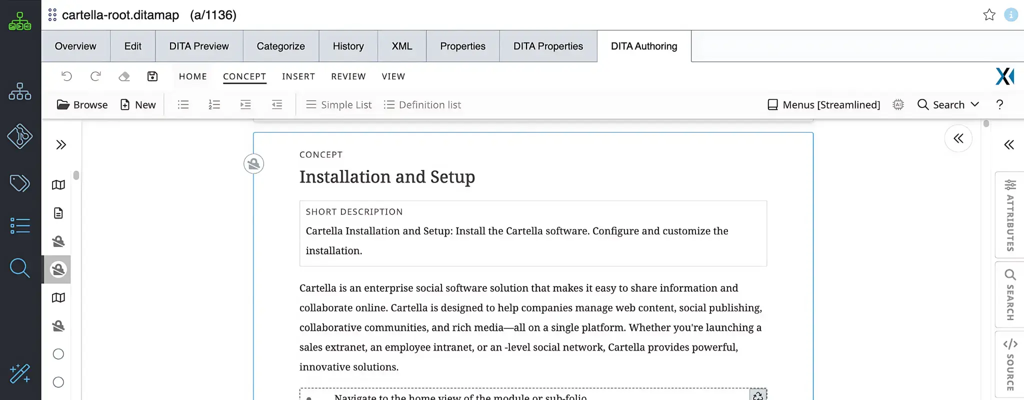 DiscoverCX CCMS authoring client — topic tree, structured editor, and live preview