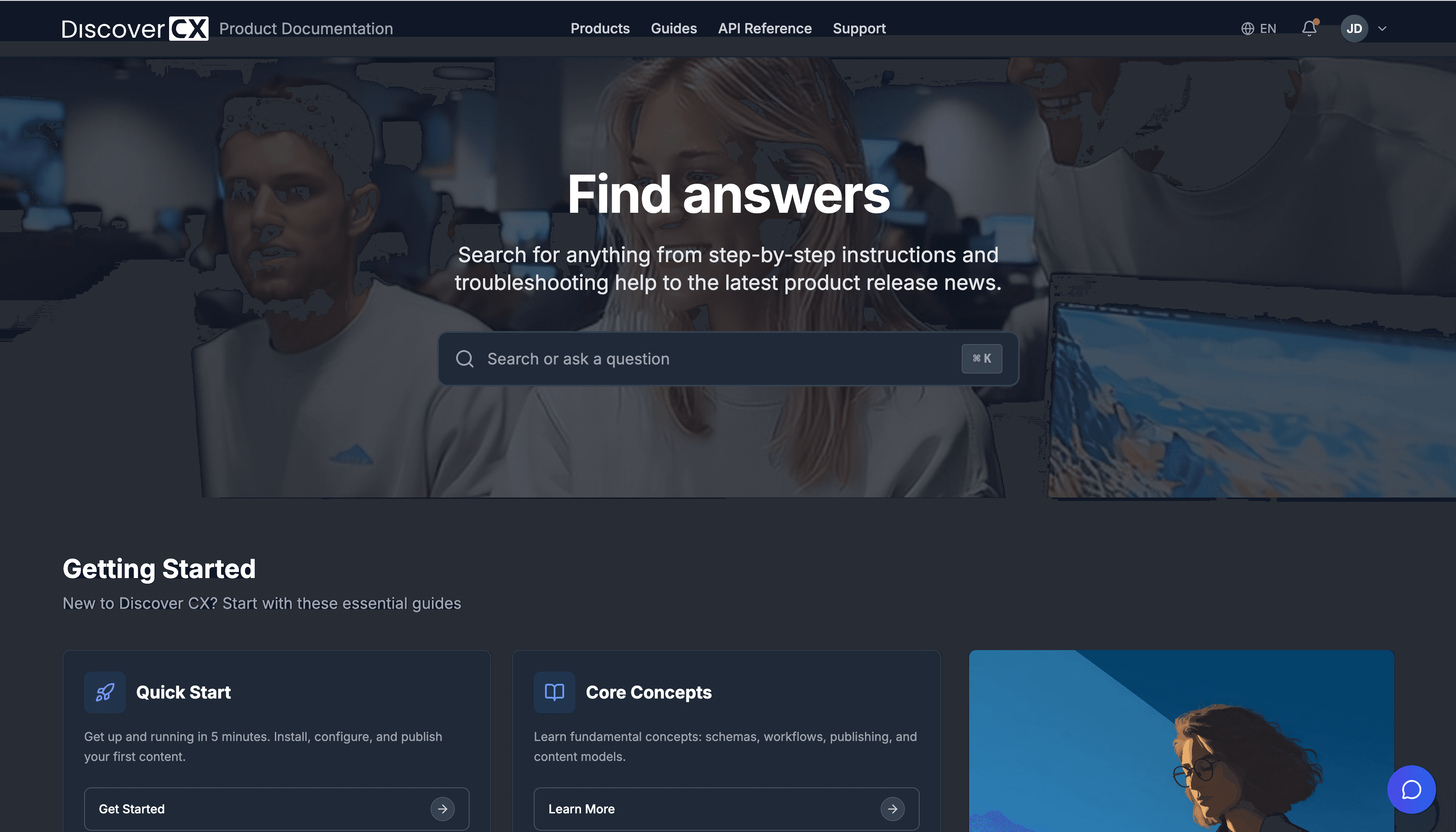 DiscoverCX customer portal home page — branded landing with featured topics, releases, and personalized paths