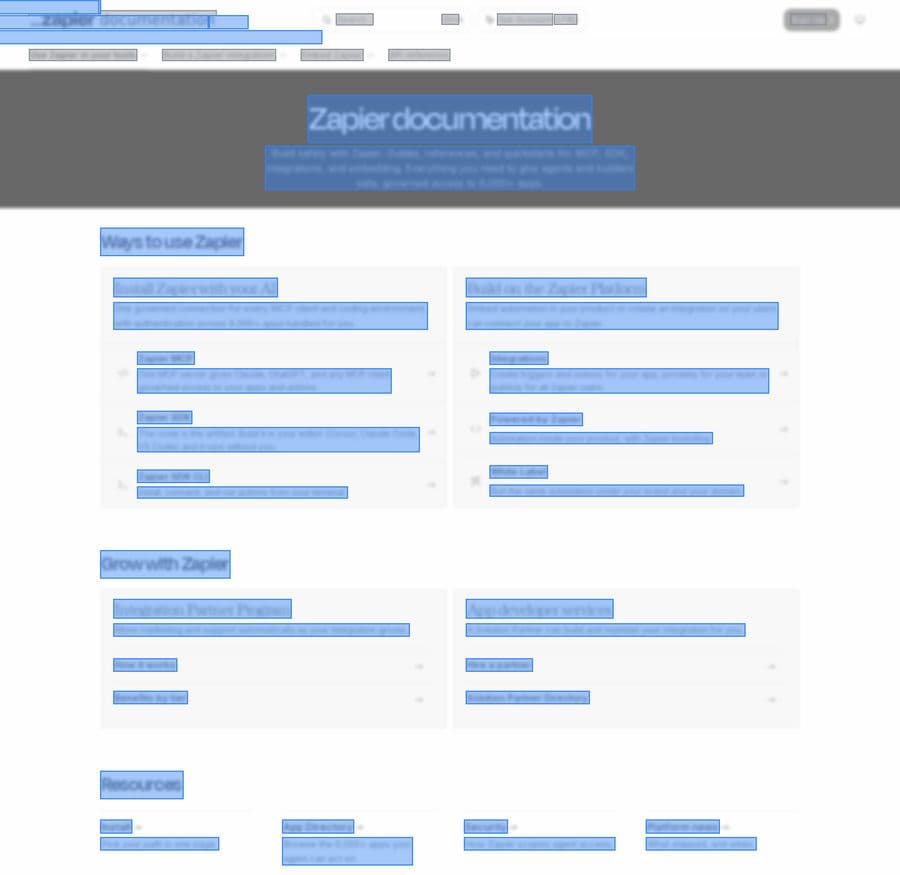 Zapier documentation homepage as an AI crawler sees it: nearly all text is readable.
