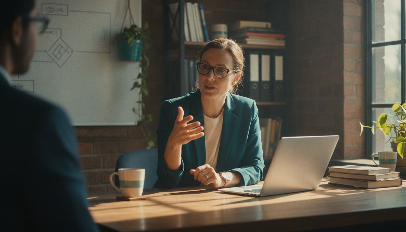 A technology executive in a sunlit office mid-conversation, whiteboard with architecture diagram visible