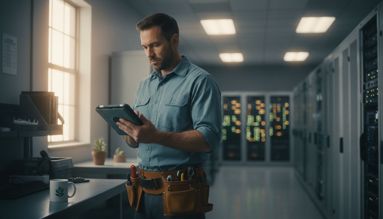 A field service technician in an equipment room holding a rugged tablet mid-troubleshoot