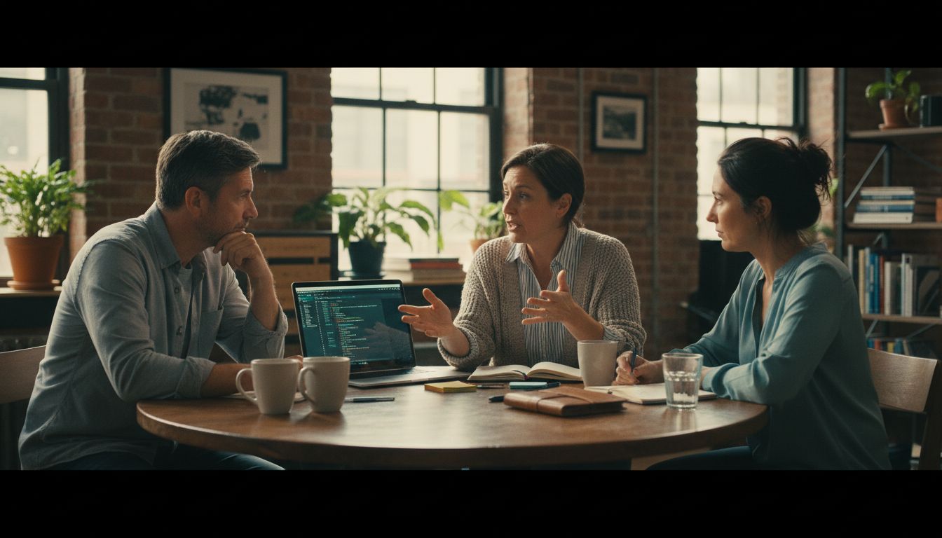 DiscoverCX leadership team in conversation around a wooden table