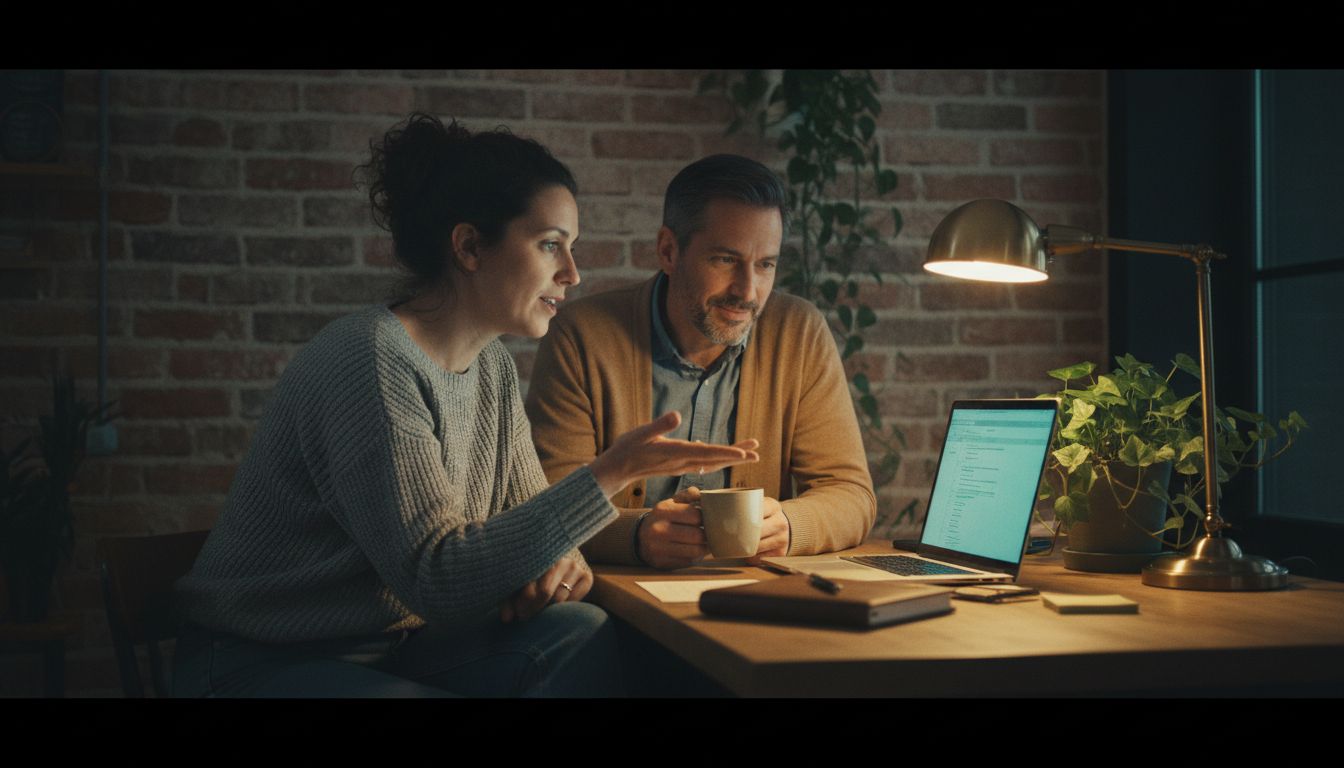 Two technical writers at adjacent monitors, reviewing structured content together in a warm office