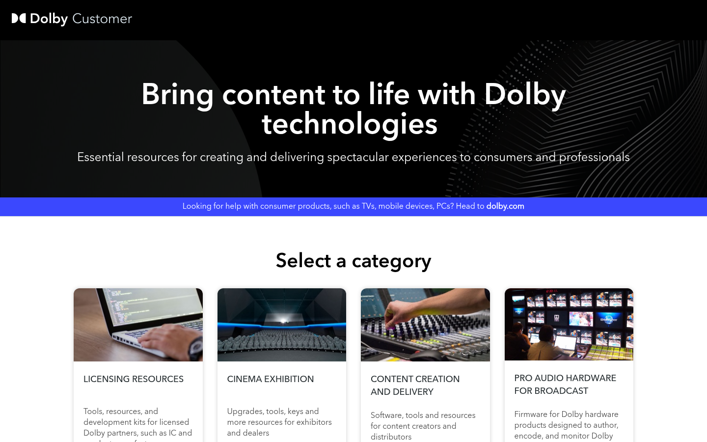 Dolby Professional product knowledge hub built on DiscoverCX