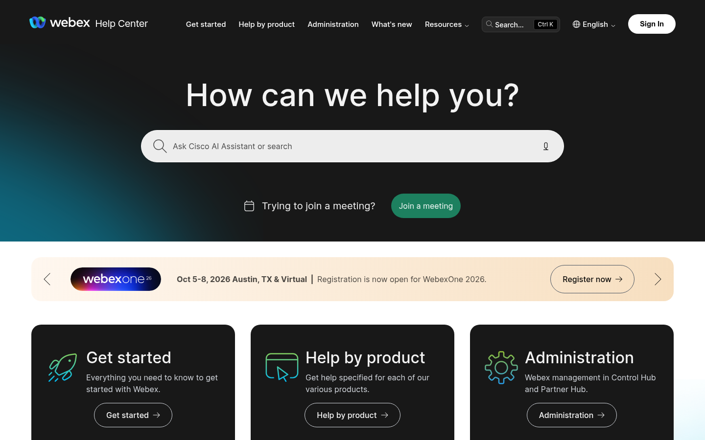 Cisco Webex Help product knowledge hub built on DiscoverCX